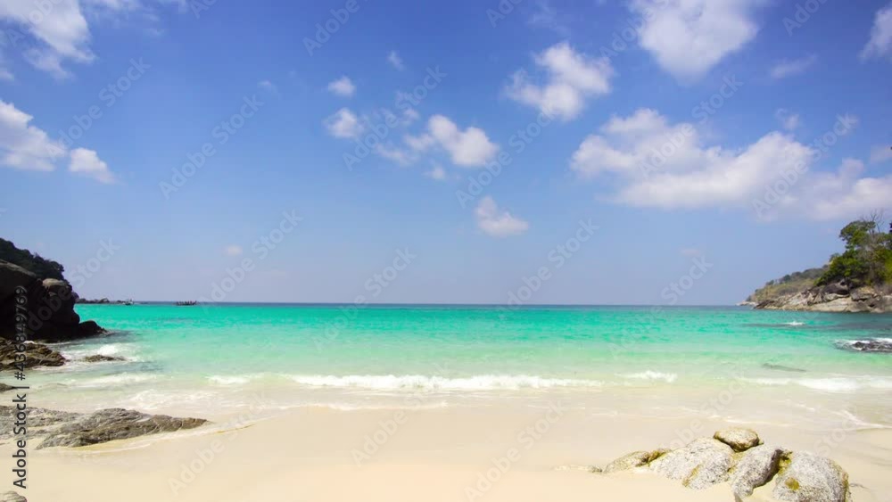 PHUKET, THAILAND. BEACH SEA. Professional Video 4K. Scene of summer beach sea in sunny day. Beautiful Seascape blue sky Rock and sand beach. PHUKET, THAILAND. BEACH SEA. Professional Video 4K. Scene of summer beach sea in sunny day. Beautiful Seascape blue sky Rock and sand beach.
