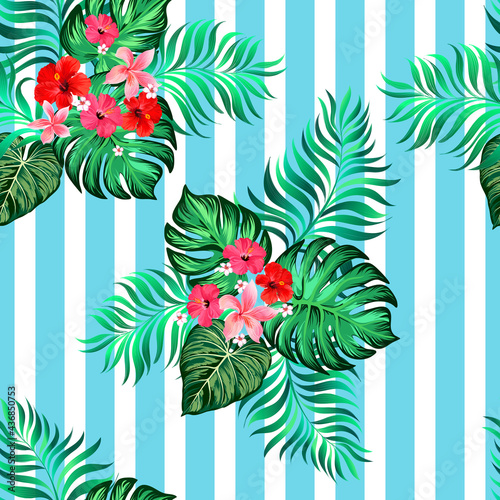 Tropic illustration. Vector botanical pattern with jungle leaves and hibiscus flowers. Summer design.