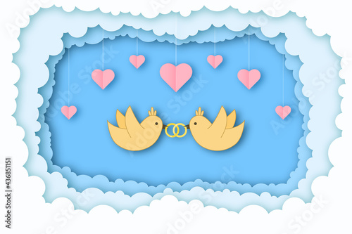 Canvas Print Wedding background in paper cut style with birds and rings