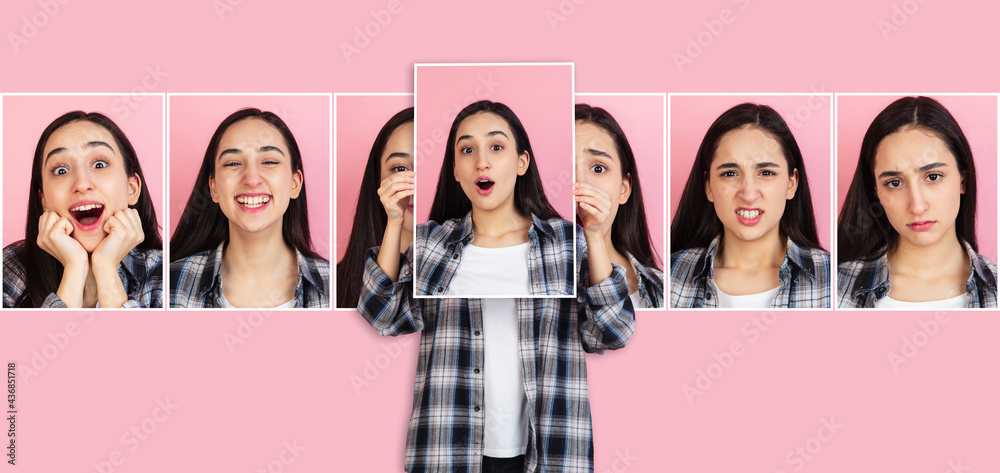 Young Caucasian beuatiful girl showing her portraits with different emotions isolated on pink background. Concept of facial expressions. Young Caucasian beuatiful girl showing her portraits with different emotions isolated on pink background. Concept of facial expressions.
