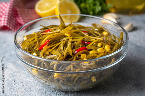 Rock Grove (Crithmum maritimum) Salad.Turkish cuisine appetizer types. Pickled samphire salad (Turkish name; kaya korugu tursu - salatasi) photo