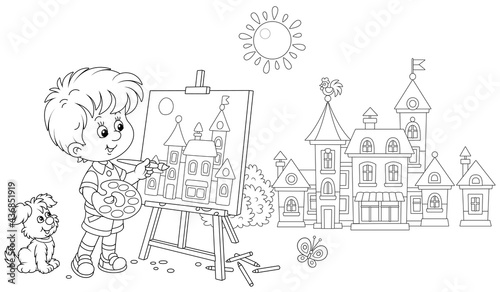 Little boy with his cheerful pup drawing in watercolors and pencils a pretty small town on a sunny summer day, black and white outline vector cartoon illustration for a coloring book page