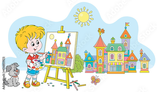 Little boy with his cheerful pup drawing in watercolors and color pencils a pretty small town on a sunny summer day, vector cartoon illustration isolated on a white background