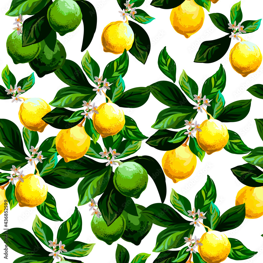 Obraz premium Lemon citrus vector pattern. Botanical vector illustration. Summer background. Floral design.