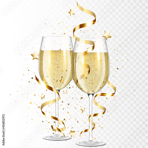 Transparent realistic wine glasses with ribbons and confetti, isolated.