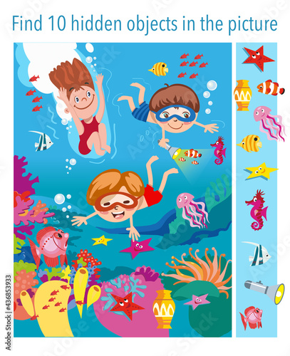 Game for children. Find 10 objects in the picture. Children swim underwater with fishes, seahorses, stars, jellyfish, vector illustration, full color.