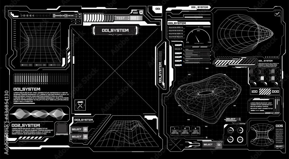 Abstract digital technology UI, UX Futuristic HUD, FUI, Virtual Interface. Callouts titles and frame in Sci- Fi style. Bar labels, info call box bars. Futuristic info boxes layout templates. 3D