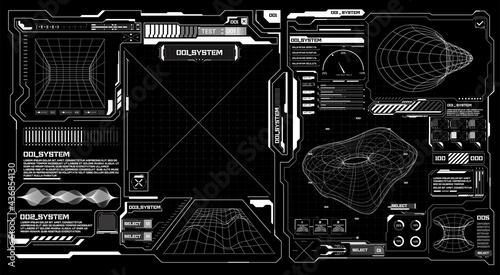 Abstract digital technology UI, UX Futuristic HUD, FUI, Virtual Interface. Callouts titles and frame in Sci- Fi style. Bar labels, info call box bars. Futuristic info boxes layout templates. 3D photo