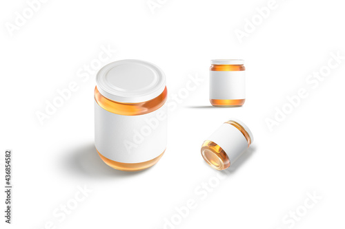 Blank glass jar with honey white label mockup, different views