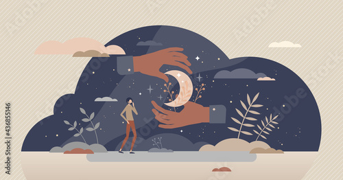 Astrology science and future prediction from sky stars tiny person concept. Pseudoscience and prophecy system using planet location and zodiac knowledge vector illustration. Mystic and esoteric scene.