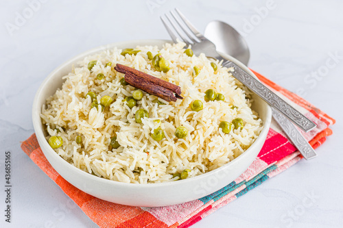 Green Peas Rice in a Bowl Close Up Photo, Indian Food Photography 