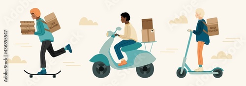 Set of delivery man riding scooter, skateboard, bicycle, moped. Hand drawn illustration in modern, trendy colors. Delivery servise concept.