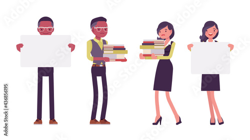 Black businessman standing with white banner, paper stack, businesswoman in workwear. Manager, young entrepreneur executive, or owner. Vector flat style cartoon illustration isolated, white background