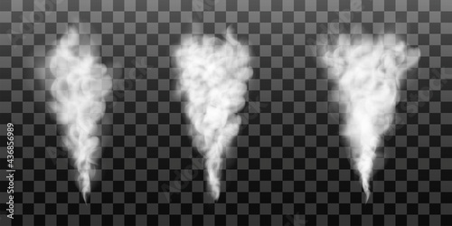 Set of white gas, smoke or steam rises upward. Vector illustration, isolated on transparent background