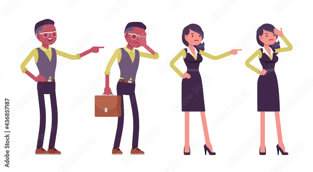 Black businessman with briefcase, businesswoman in formal workwear, office outfit. Manager, young entrepreneur executive, or owner. Vector flat style cartoon illustration isolated on white background