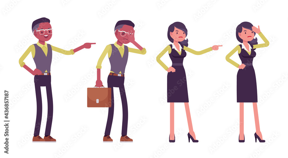 Obraz premium Black businessman with briefcase, businesswoman in formal workwear, office outfit. Manager, young entrepreneur executive, or owner. Vector flat style cartoon illustration isolated on white background