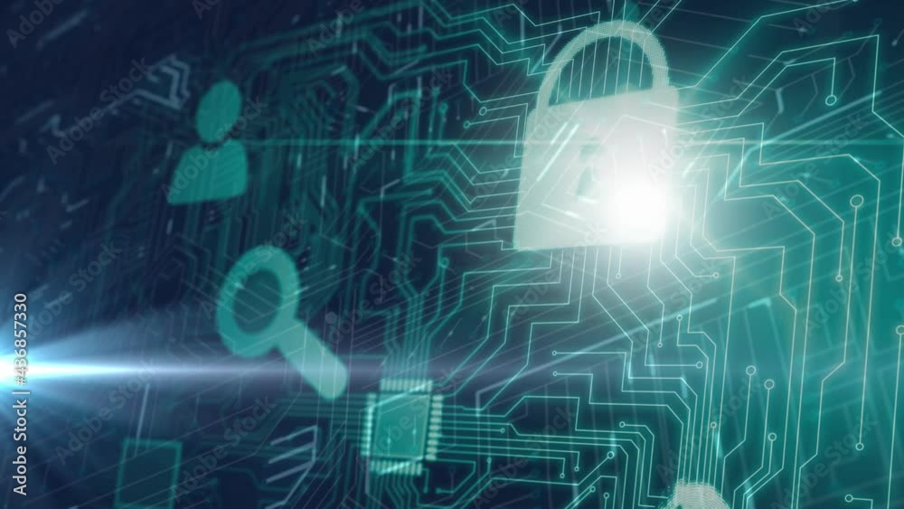 Animation of online security padlock with data processing on computer circuit board Animation of online security padlock with data processing on computer circuit board