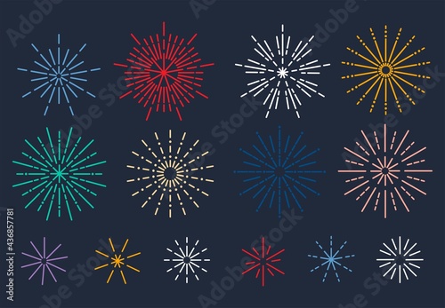 Linear colorful fireworks icon set. Red, orange, blue, green, violet and white firework in linear style. Flat style festive vector illustration for holiday, celebration, banner, sale, greeting card