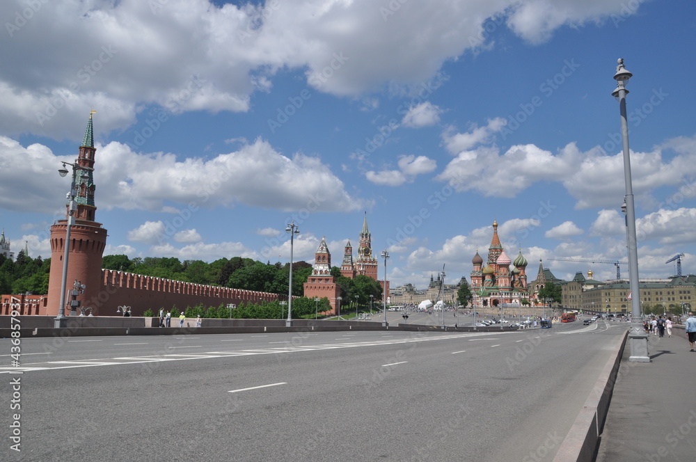 Nice view of the Moscow Kremlin and St. Basil's Cathedral. Moscow, Russia, May 22, 2021