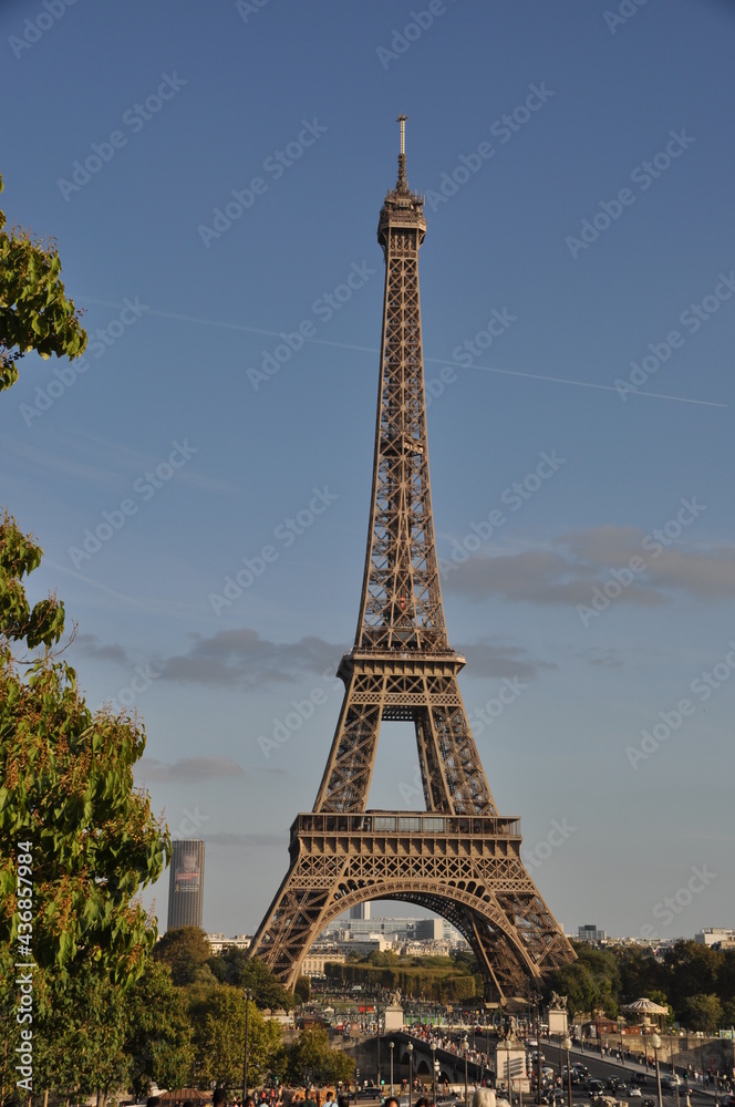 View of the Eiffel Tower on a sunny day. Paris, France, September 19, 2018.