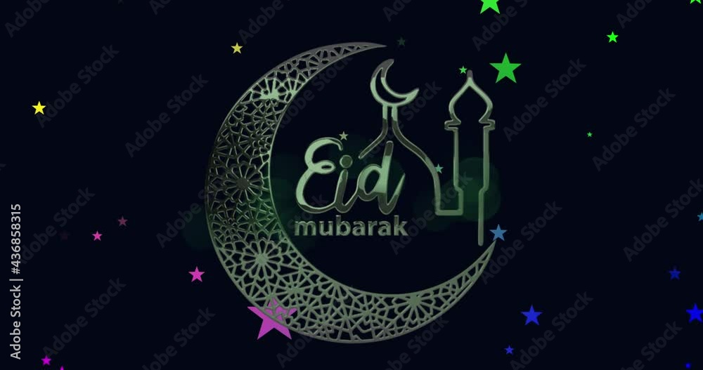 Animation of eid mubarak text with crescent moon and mosque with stars background Animation of eid mubarak text with crescent moon and mosque with stars background