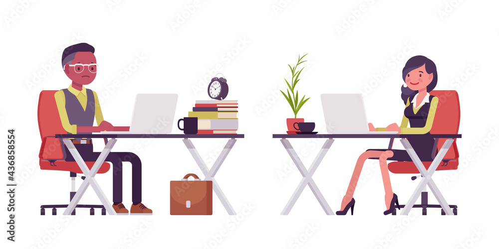 Black businessman working at desk with laptop, businesswoman in formal workwear. Young smart manager, entrepreneur executive, owner. Vector flat style cartoon illustration isolated on white background