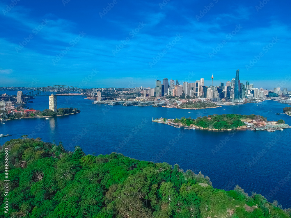 Panoramic aerial drone view of Sydney CBD views from Woolwich NSW Australia