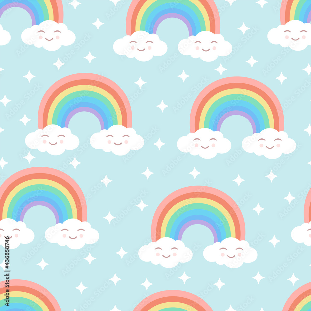 Seamless cartoon texture with rainbow, cute clouds and stars on a blue background. Vector illustration for fabrics, textures, wallpapers, posters, stickers, postcards. Editable elements. Seamless cartoon texture with rainbow, cute clouds and stars on a blue background. Vector illustration for fabrics, textures, wallpapers, posters, stickers, postcards. Editable elements.