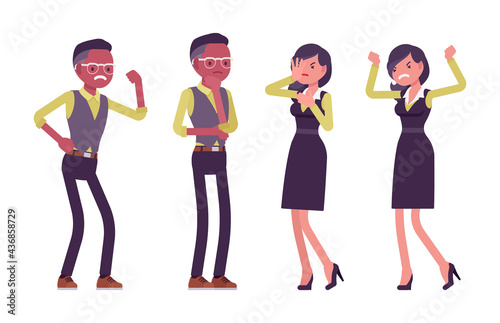 Black businessman different emotions, businesswoman in formal workwear, office outfit. Manager, young entrepreneur executive, owner. Vector flat style cartoon illustration isolated on white background