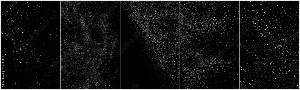 Set of distressed white grainy texture. Dust overlay textured. Grain noise particles. Snow effects pack. Rusted black background. Vector illustration, EPS 10.   - obrazy, fototapety, plakaty 