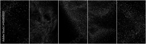 Set of distressed white grainy texture. Dust overlay textured. Grain noise particles. Snow effects pack. Rusted black background. Vector illustration, EPS 10.  