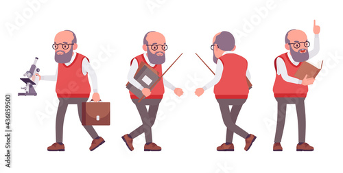Old teacher, male senior professor, university, school, college tutor. Experienced elderly master, aged education supervisor tools. Vector flat style cartoon illustration isolated, white background
