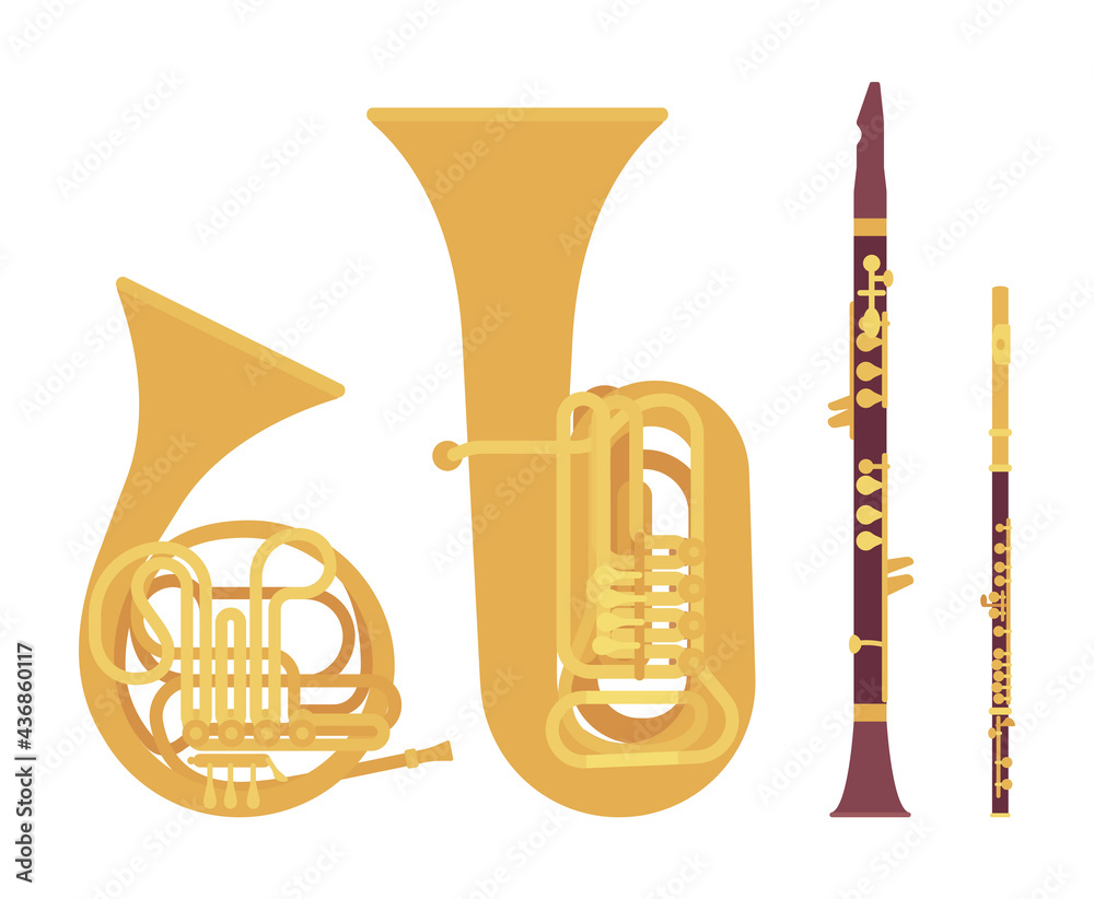 Wind musical instrument, brass and woodwind set. French Horn, tuba,  clarinet, flute for band, orchestra, festival, jazz party. Vector flat  style cartoon illustration isolated, white background Stock Vector | Adobe  Stock