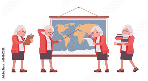 Old teacher, female senior professor, university, school tutor at map. Experienced elderly master, aged education supervisor. Vector flat style cartoon illustration isolated on white background