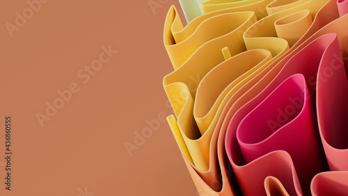 Orange and Pink 3D Ribbons arranged to create a Multicolored abstract background. 3D Render with copy-space. 