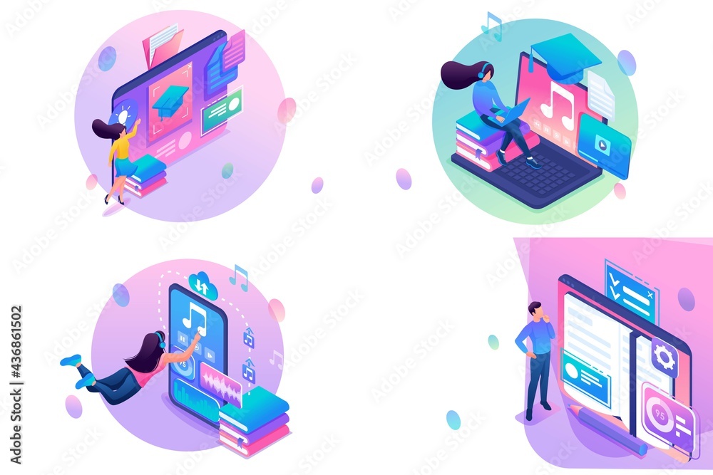 Naklejka premium Set Of Web Design Isometry Templates. Online Learning. Vector Illustration