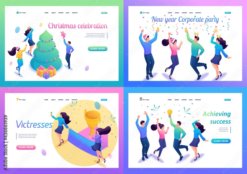 Set Landing Page Isometry. Templates. Team Celebrating a Success. Vector Illustration Set Landing Page Isometry. Templates. Team Celebrating a Success. Vector Illustration