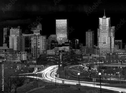 Denver Skyline and Traffic Long Exposure Black and White © EdgeofReason