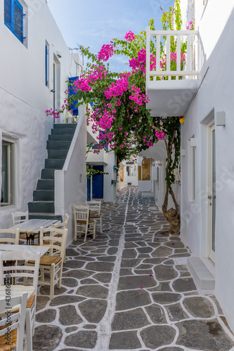 Traditional Cycladitic alley with a  narrow street, whitewashed facade of a house and a blooming bougainvillea in Naousa  Paros island, Greece. © valantis minogiannis