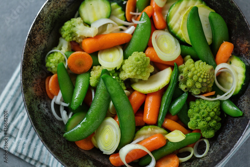 Vegan vegetables on pan on table