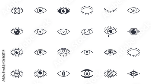 Vector Eyes icons. Editable stroke. Open closed eye with eyelashes with tears glare. Eyeball sleeping search supervision mystery. Stock illustration