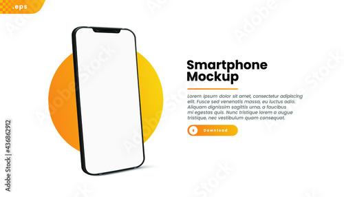 Black realistic smartphone vector mockup on the yellow circle. 3d mobile phone with blank white screen. Modern cell phone template on gradient background.