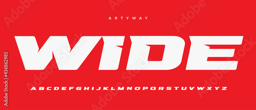 Wide alphabet letter font. Sport logo typography. Extended bold vector typographic design. Sharp angles type for automotive logo, speed headline, title, superhero lettering, branding and merchandise