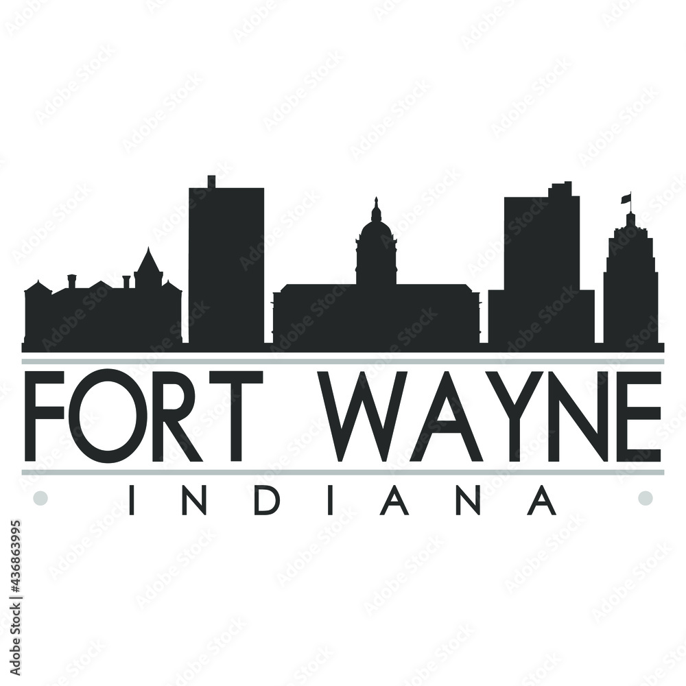 Fort Wayne, IN, USASkyline Silhouette Design. Clip Art City Vector Art Famous Buildings Scene Illustration.