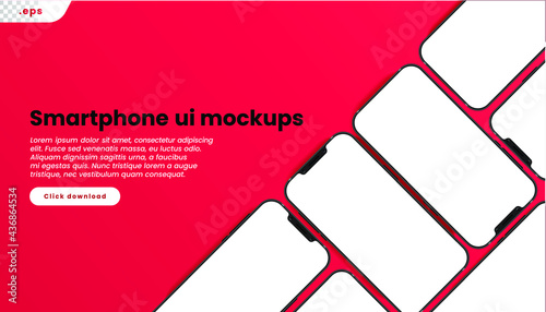 Flat isometric realistic smartphones with blank screens grid and red background. Empty screen phone template for inserting UI UX interface or business presentation. Floating 3d vector mock up design.