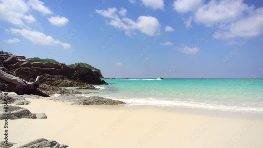 PHUKET, THAILAND. BEACH SEA. Professional Video 4K. Scene of summer beach sea in sunny day. Beautiful Seascape blue sky Rock and sand beach. PHUKET, THAILAND. BEACH SEA. Professional Video 4K. Scene of summer beach sea in sunny day. Beautiful Seascape blue sky Rock and sand beach.