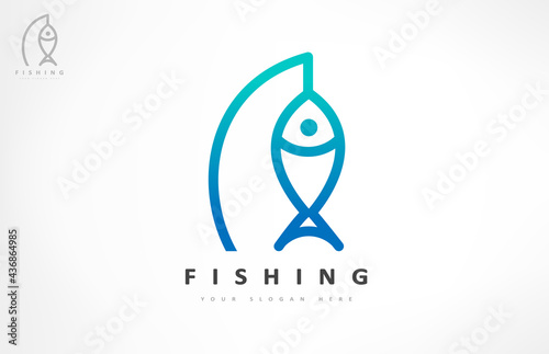 Fishing logo vector. Fish and rod design. Shop everything for fishing. Fishing gear.