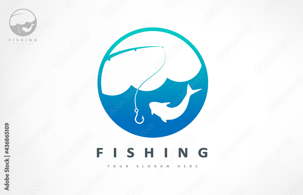 Fishing logo vector. Fish and rod design. Shop everything for