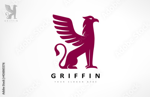 Griffin logo vector. A mythical creature with the head, claws and wings of an eagle and the body of a lion.
