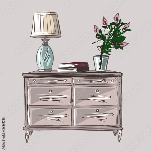 Glass vase with a flower and a vintage table lamp with a lampshade, a stack of books on a wooden chest of drawers in the interior. Interior Design. Isolated vector objects.